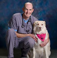 Dr. Chris Kitsmiller, DVM with a white dog